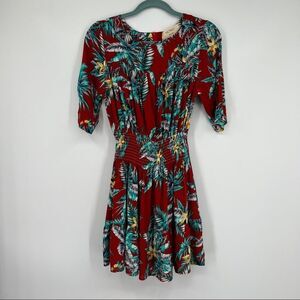 MOMO Red Blue Tropical Leaf Smocked Waist A-Line Midi 3/4 Sleeve Multi Dress